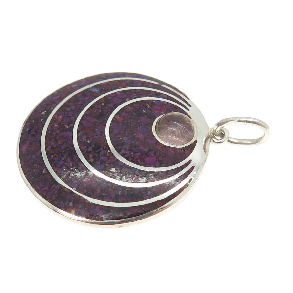 925 Sterling Silver Vintage Real Sugilite Inlay & Amethyst Modernist Pendant