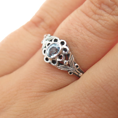 925 Sterling Silver Vintage Real Blue Topaz Flower Oxidized Ring Size 6.25
