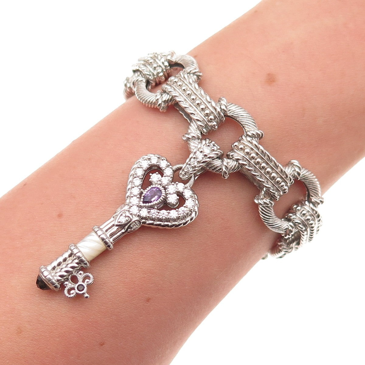 Judith Ripka 925 Sterling Silver Real Multi-Gem & C Z Heart Key Bracelet 7.5"