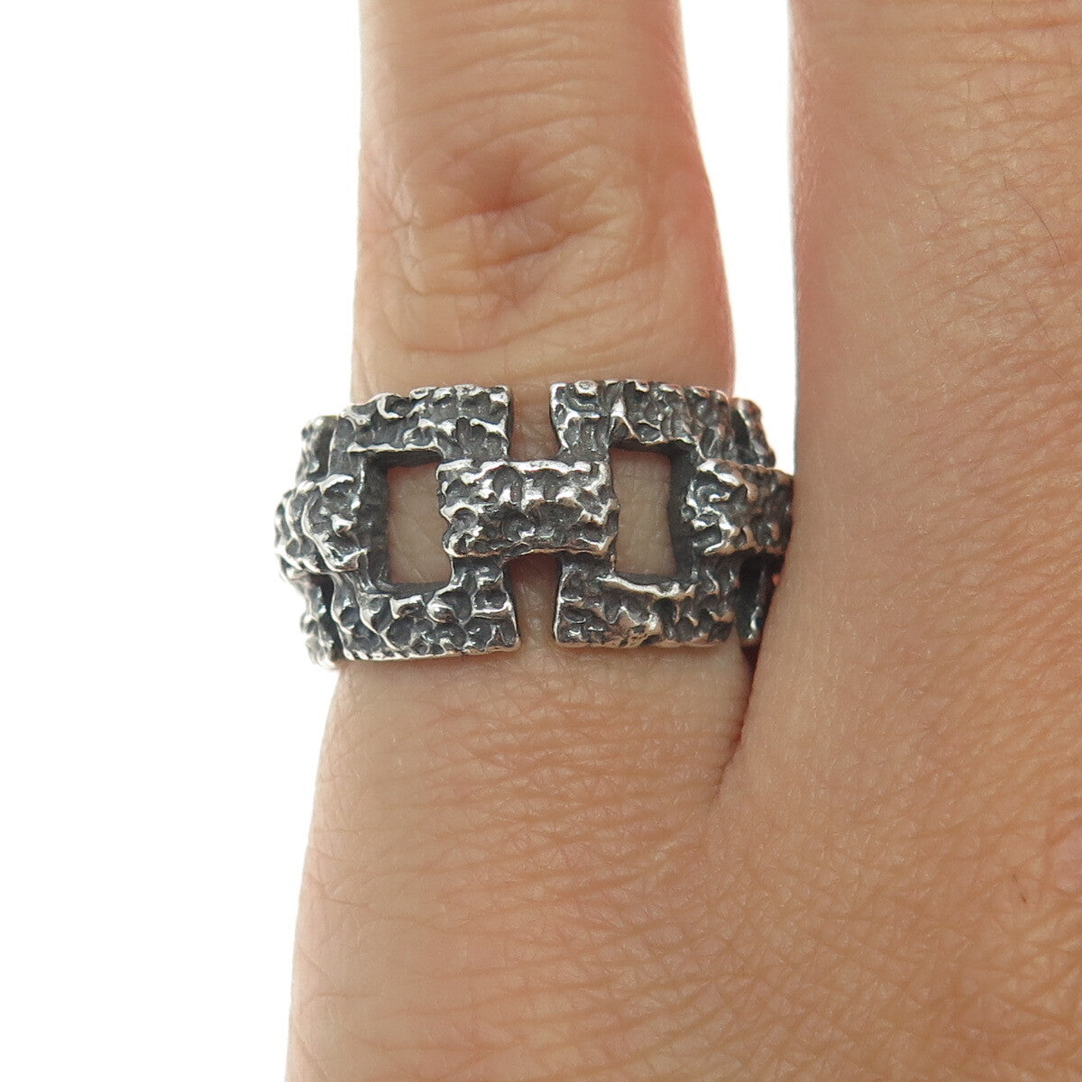 925 Sterling Silver Vintage Nugget Panel Link Oxidized Ring Size 6