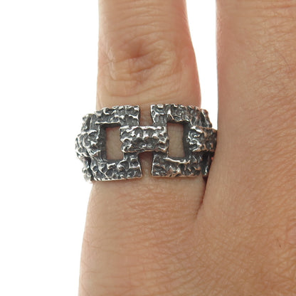 925 Sterling Silver Vintage Nugget Panel Link Oxidized Ring Size 6