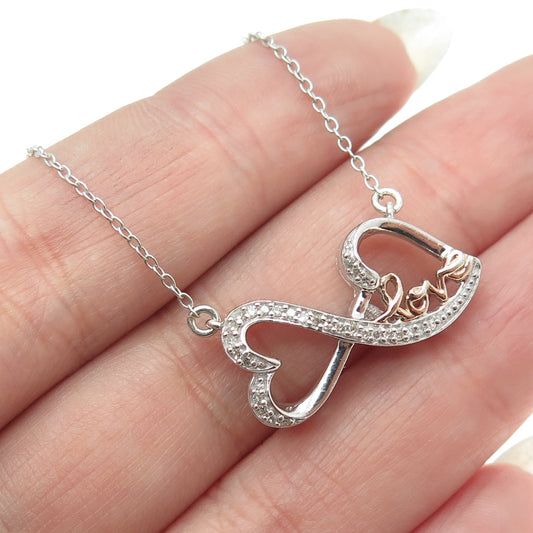 925 Sterling Silver 2-Tone Real Diamond Infinity Heart "Love" Chain Necklace 18"