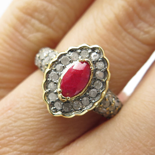 925 Sterling Silver Gold Plated Diamond & Marquis-Cut Ruby Gem Ring Size 6.25