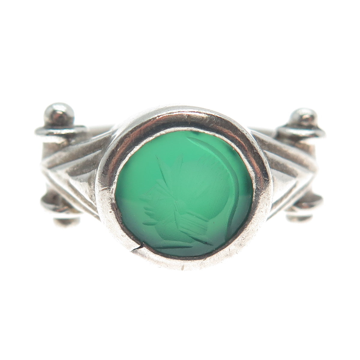 SMS CREATIONS 925 Sterling Vintage Real Carved Green Onyx Soldier Ring Size 6.75