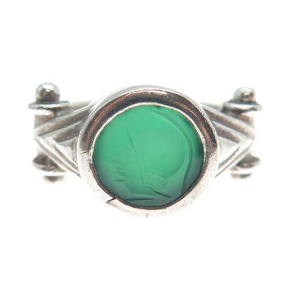 SMS CREATIONS 925 Sterling Vintage Real Carved Green Onyx Soldier Ring Size 6.75