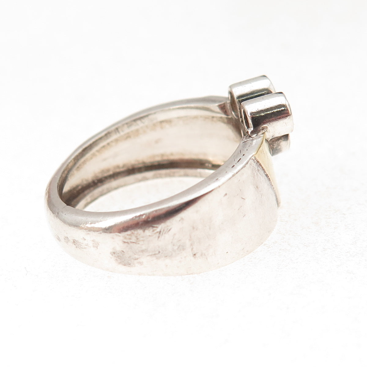 925 Sterling Silver 14K Gold Vintage Round-Cut C Z Modernist Ring Size 7.75
