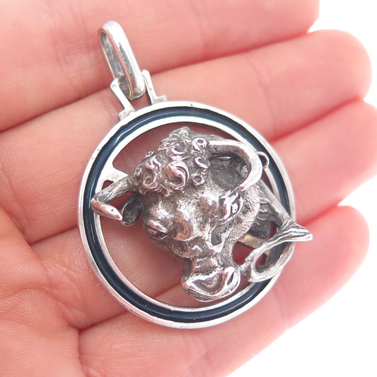 800 Silver Antique Art Deco Italy Enamel Taurus Zodiac Oxidized Charm Pendant