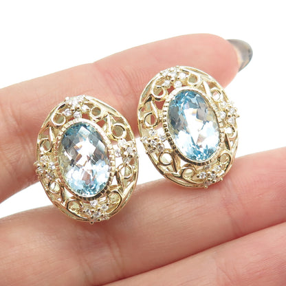 925 Sterling Silver Gold Plated Blue Topaz Gem & C Z Ornate Omega Back Earrings