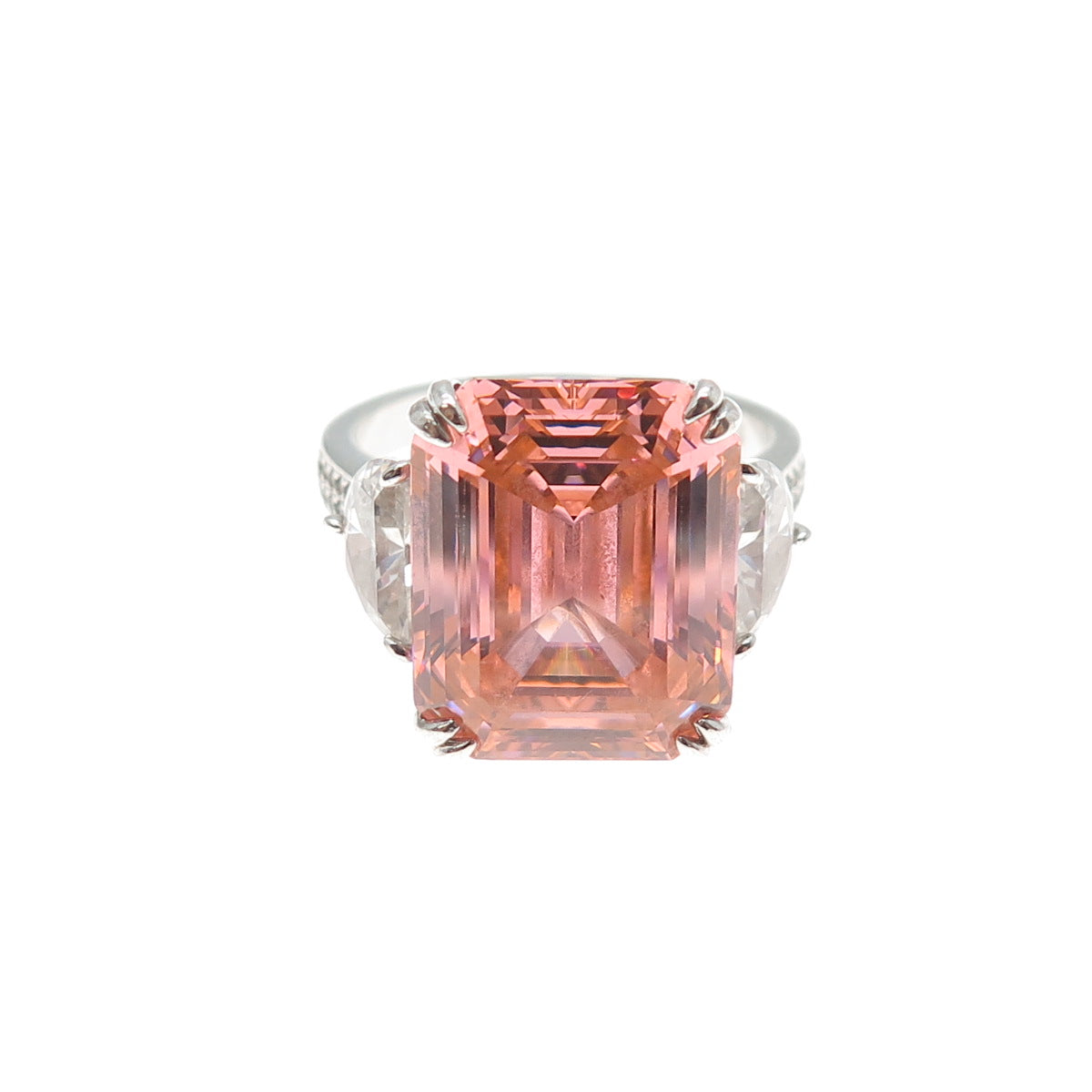 925 Sterling Silver Emerald-Cut Pink & Round-Cut White C Z Ring Size 9