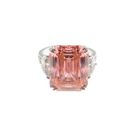 925 Sterling Silver Emerald-Cut Pink & Round-Cut White C Z Ring Size 9