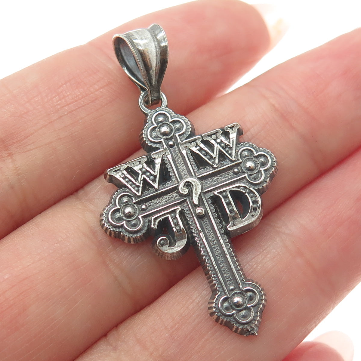 925 Sterling Silver Vintage What Would Jesus Do Cross Oxidized Pendant