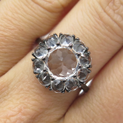 925 Sterling Silver Black Rhodium Real White Topaz Gem Cluster Ring Size 7.25