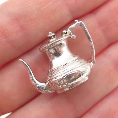 925 Sterling Silver Antique Art Deco Teapot Oxidized 3D Open Charm Pendant