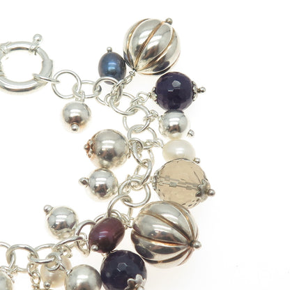 925 Sterling Silver Vintage Italy Pearl Smoky Quartz Amethyst Gem Bracelet 6.75"