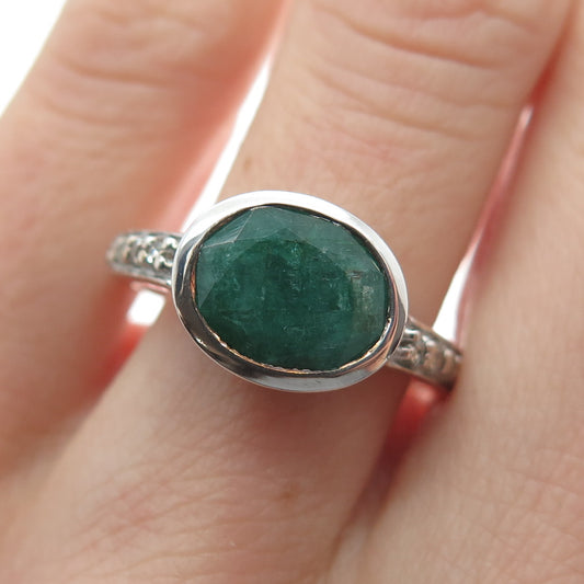 925 Sterling Silver Real Round-Cut Diamond & Oval-Cut Emerald Ring Size 7.75