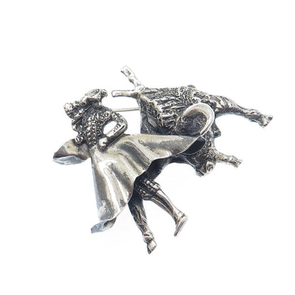 925 Sterling Silver Vintage Mexico Matador Bull Fighter Oxidized Pin Brooch