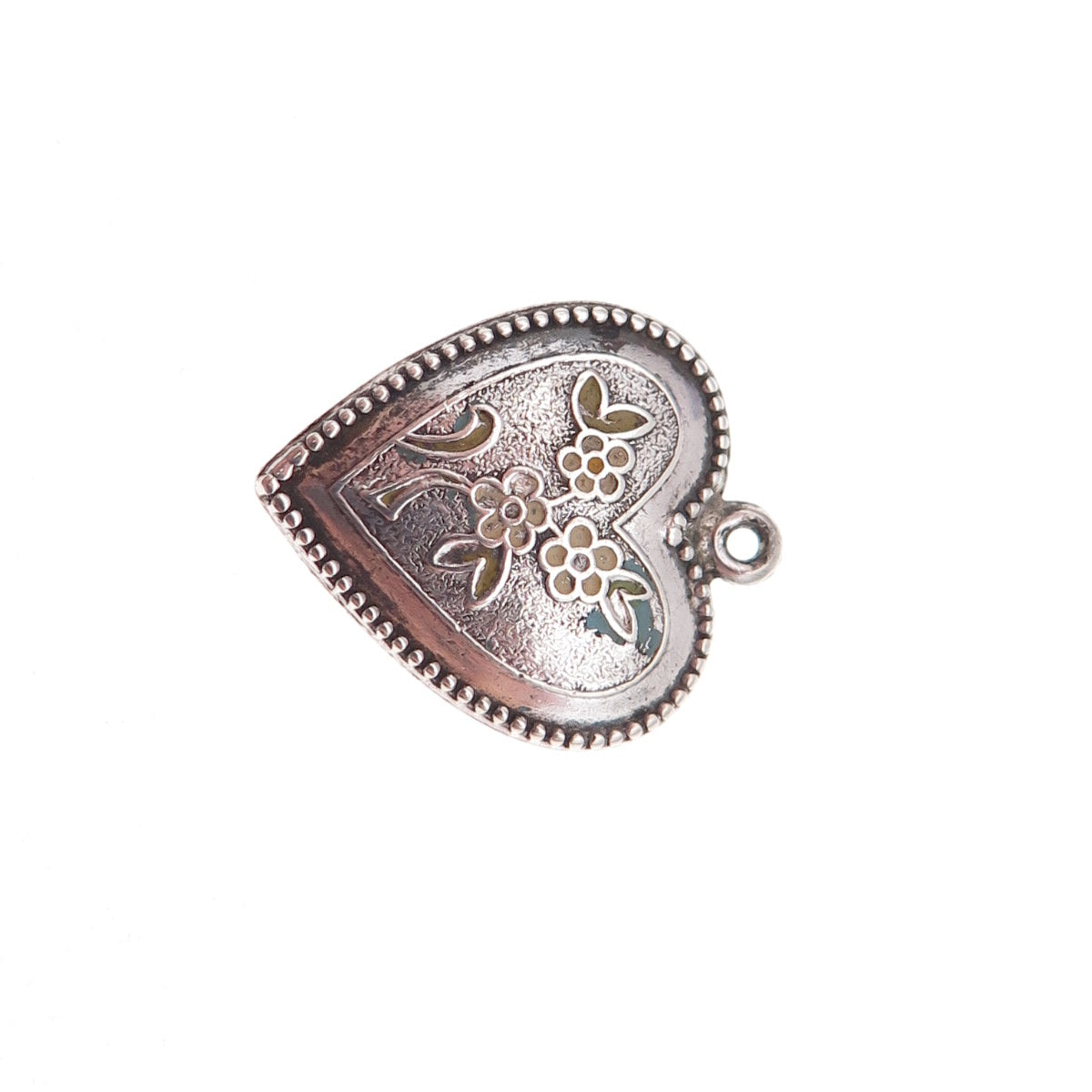 925 Sterling Silver Antique Art Deco Enamel Floral Heart Chatelaine Pendant