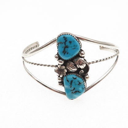 Old Pawn 925 Sterling Silver Vintage Turquoise Floral Adjustable Bracelet 7"