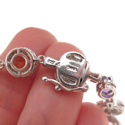 925 Sterling Silver Real Blue Topaz Amethyst Peridot & Citrine Bracelet 8"
