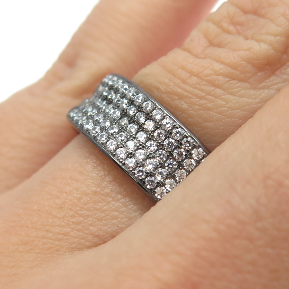 925 Sterling Silver Pave C Z Cuban Chain Band Ring Size 7