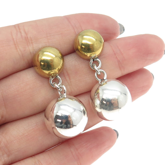 925 Sterling Silver 2-Tone Vintage Mexico Half Ball Dangling Earrings