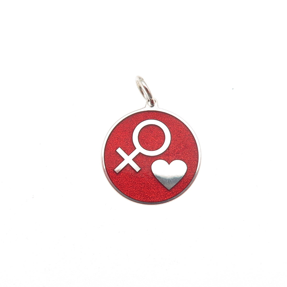 925 Sterling Silver Red Enamel Female Sign Heart Round Tag Mini Charm Pendant