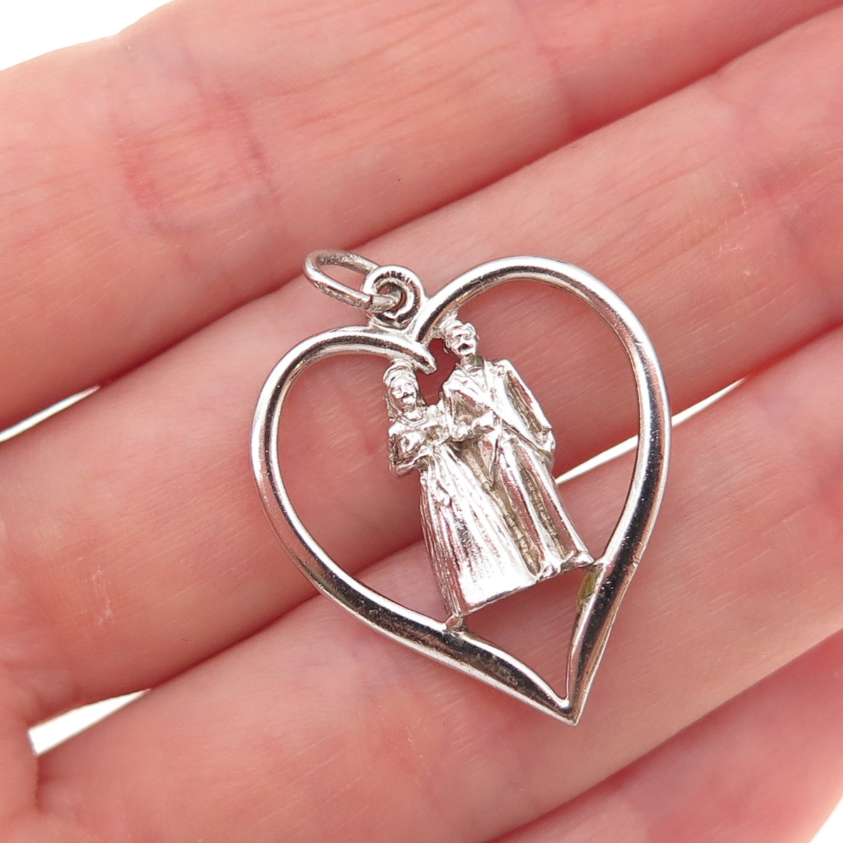 J. M. Fisher Sterling Silver Vintage Bride & Groom Wedding Couple Heart Pendant
