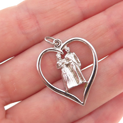 J. M. Fisher Sterling Silver Vintage Bride & Groom Wedding Couple Heart Pendant