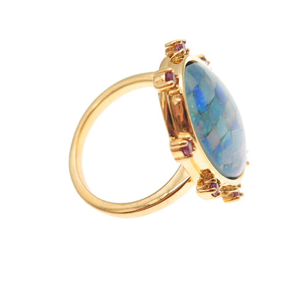 Dasan 925 Sterling Silver Gold Plated Real Opal & Amethyst Mosaic Ring Size 6