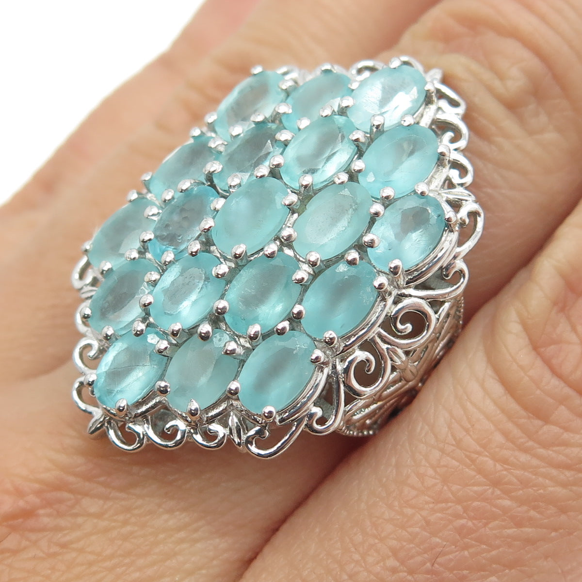 CHUCK CLEMENCY 925 Sterling Silver Real Oval-Cut Aquamarine Cluster Ring Size 7