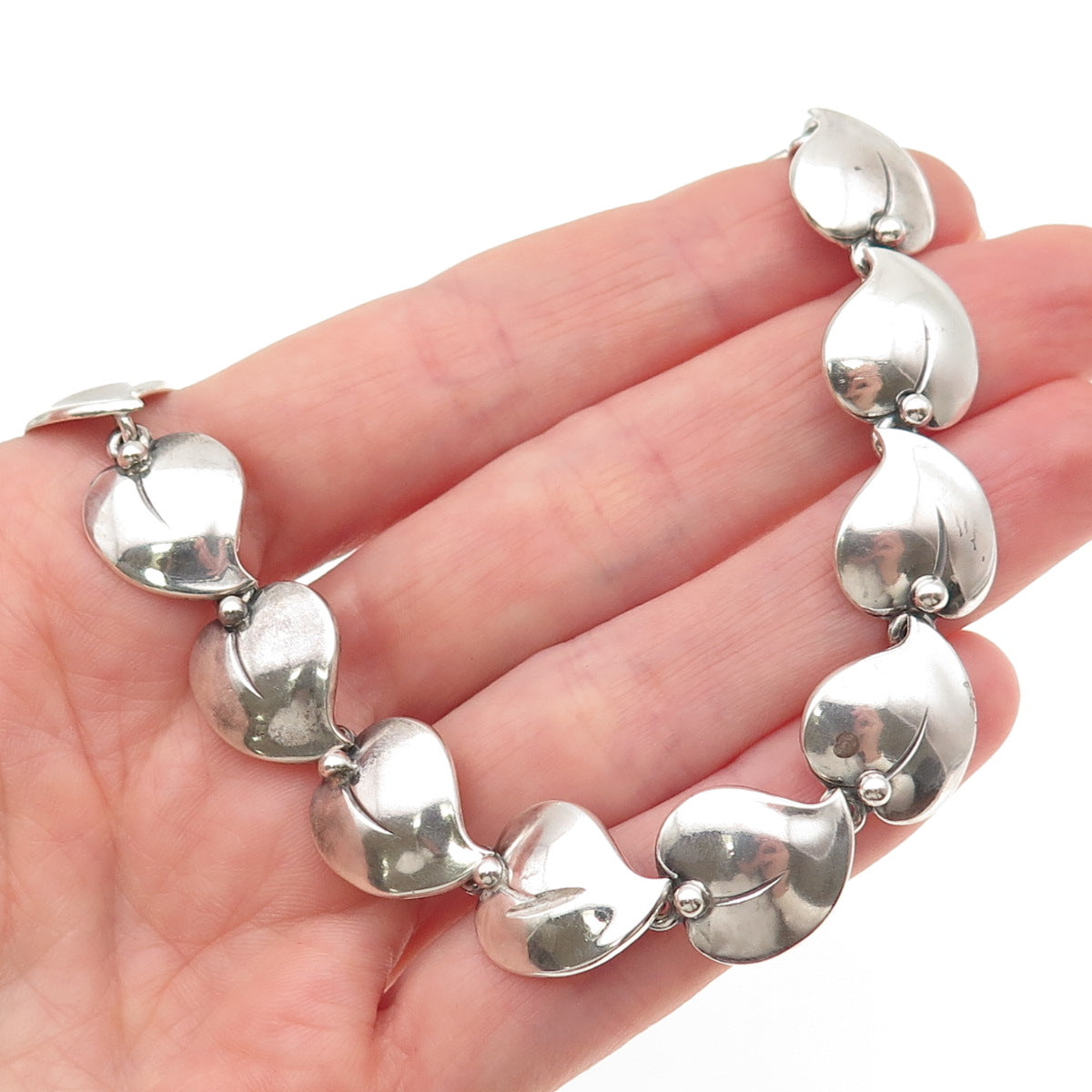 N.E From 925S Sterling Vintage Denmark Modernist Floral Heart Chain Necklace 14"