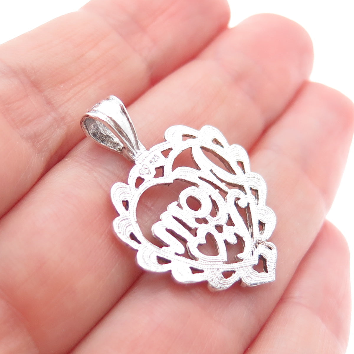925 Sterling Silver Vintage Mom Heart Charm Pendant