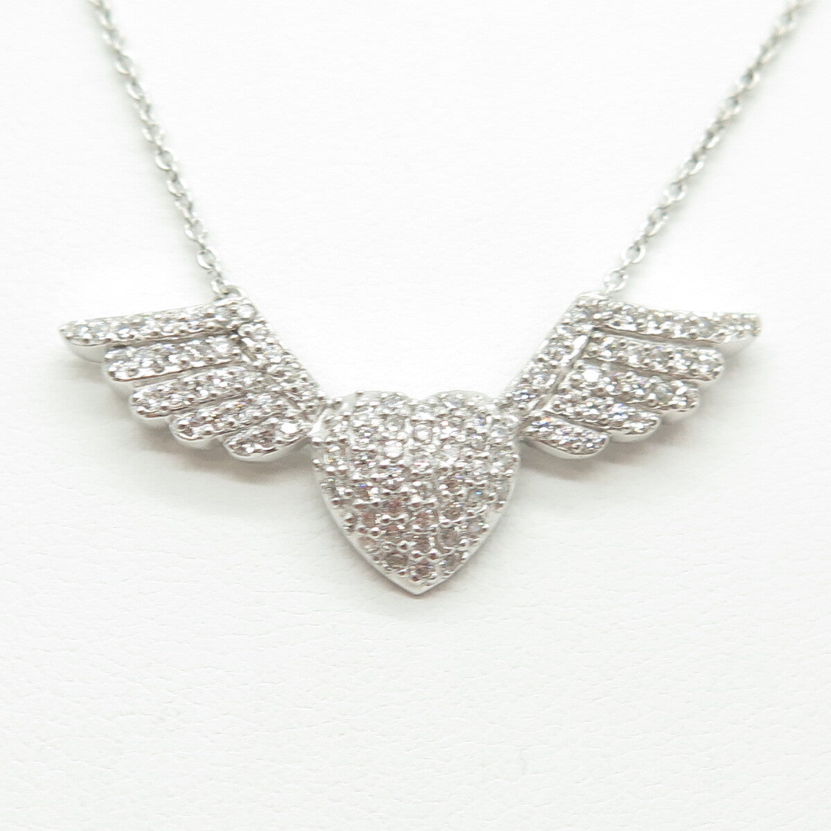 925 Sterling Silver Pave C Z Heart w/Wings Cable Chain Necklace 18-20"