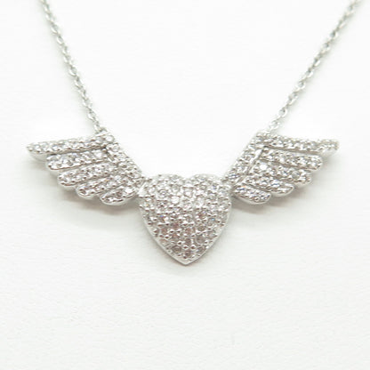 925 Sterling Silver Pave C Z Heart w/Wings Cable Chain Necklace 18-20"