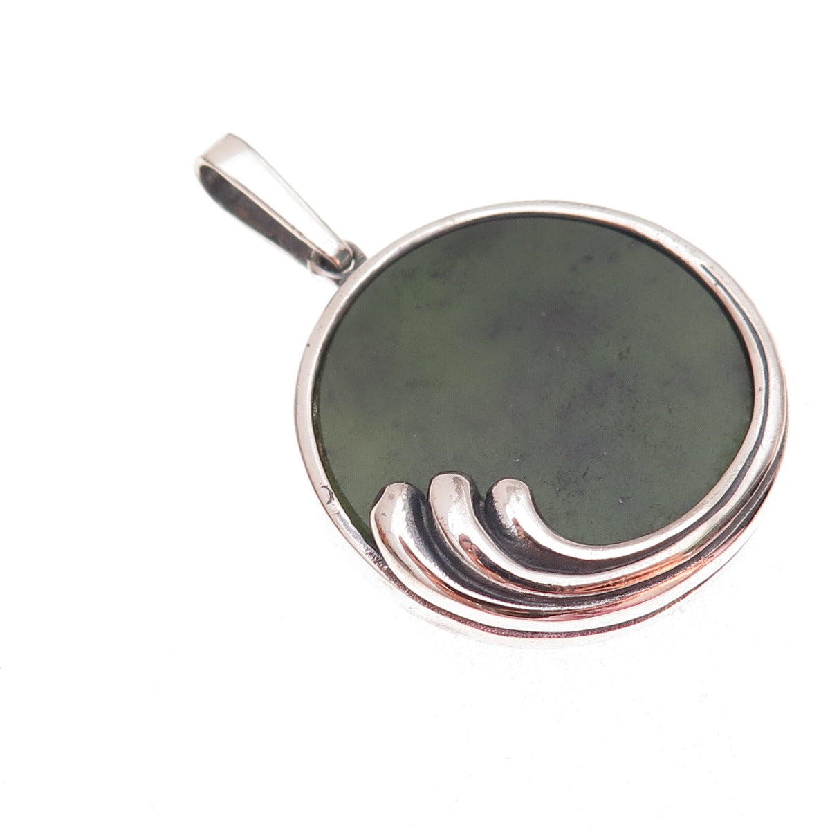 800 Silver Vintage Real Jade Modernist Wave Oxidized Charm Pendant