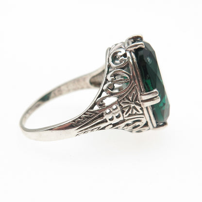 925 Sterling Silver Vintage Oval-Cut Green C Z Oxidized Ring Size 8.75
