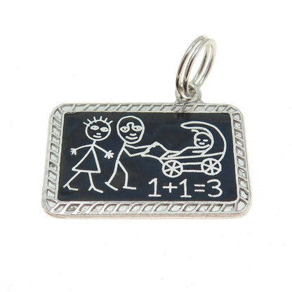 925 Sterling Silver Vintage Enamel Classroom Blackboard Family Sketch Pendant