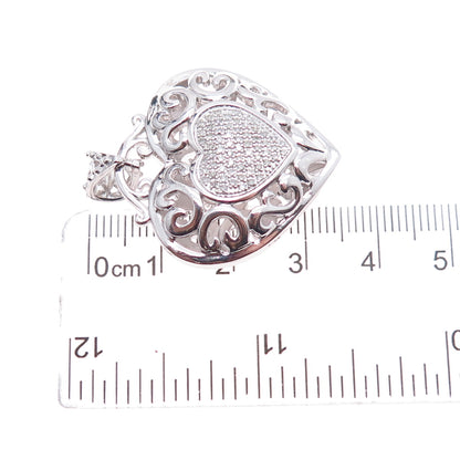 925 Sterling Silver Real Round-Cut Diamond Ornate Heart Charm Pendant