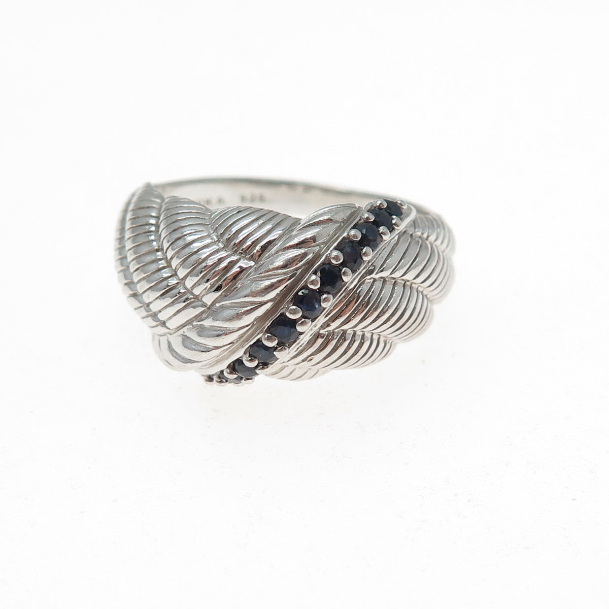 JUDITH RIPKA 925 Sterling Silver Real Round-Cut Sapphire Roped Ring Size 10.25