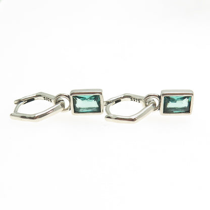 925 Sterling Silver Green Emerald-Cut Shaped C Z Huggie Earrings