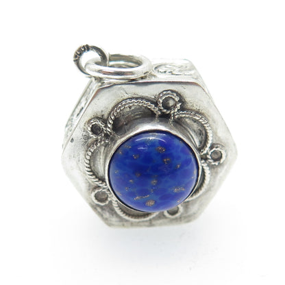 800 Silver Antique Art Deco Real Green Onyx & Lapis Filigree Dual Sided Pendant