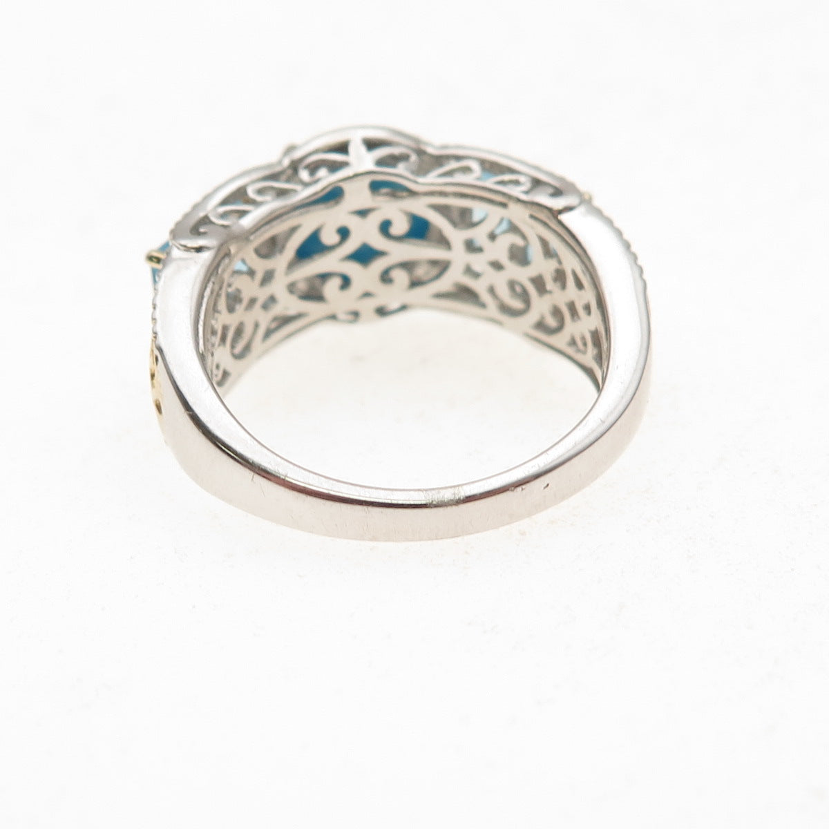 Chuck Clemency 925 Sterling 2-Tone Real Turquoise & Blue Topaz Ring Size 8.25
