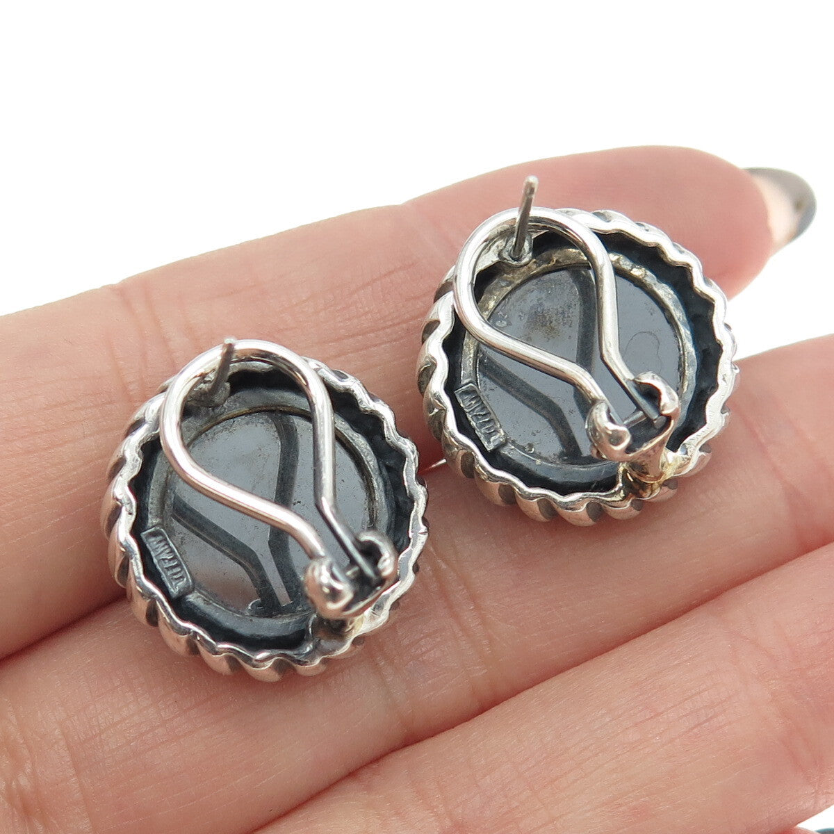 925 Sterling Silver Vintage Real Hematite Omega Back Earrings