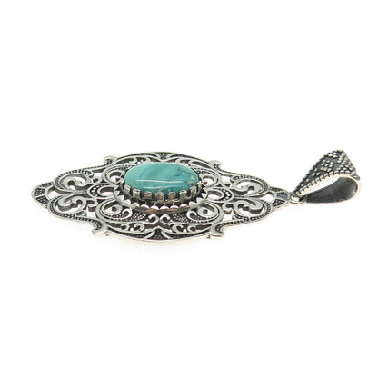 925 Sterling Silver Vintage Real Carico Lake Turquoise Swirl Oxidized Pendant