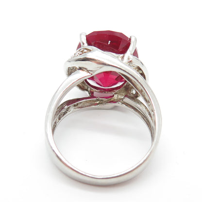 925 Sterling Silver Real White Topaz Gemstone & Lab-Created Ruby Ring Size 7.25