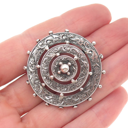 925 Sterling Silver Antique Victorian Engraved Floral Wheel Oxidized Pin Brooch