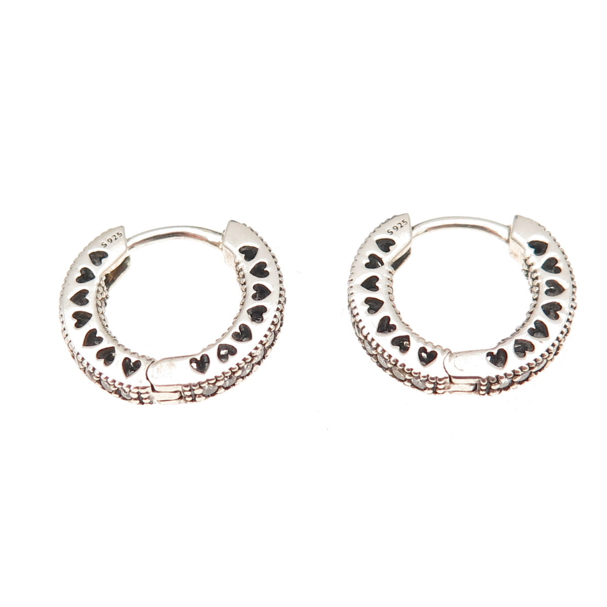 Pandora 925 Sterling Silver Round-Cut C Z Hearts In & Out Hoop Earrings
