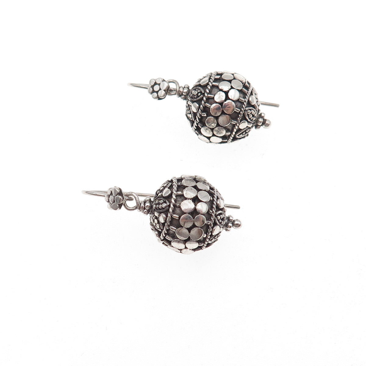925 Sterling Silver Vintage Dotted Ball Oxidized Dangle Earrings