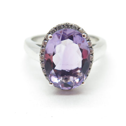 925 Sterling Silver Real Oval-Cut Amethyst & White Topaz Ring Size 8.25