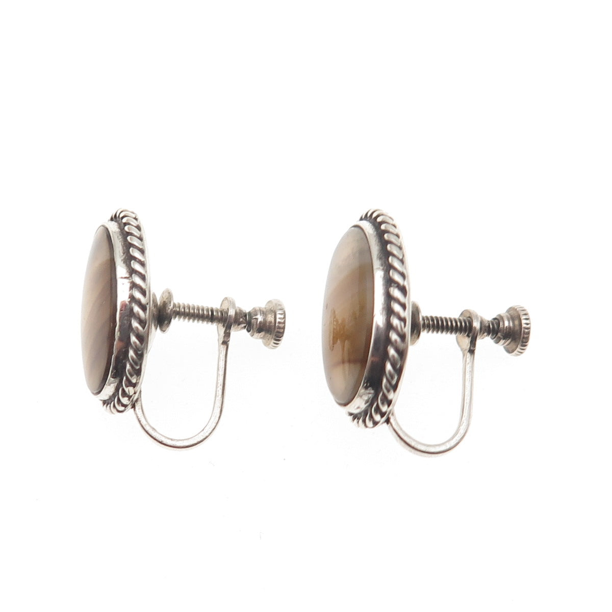 925 Sterling Silver Vintage Real Agate Oxidized Screw Back Earrings